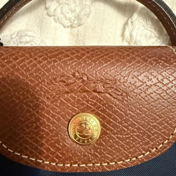 Longchamp LE PLIAGE ORIGINAL POUCH WITH HANDLE Mini Bag in Navy and Brown NWT - Picture 2 of 6